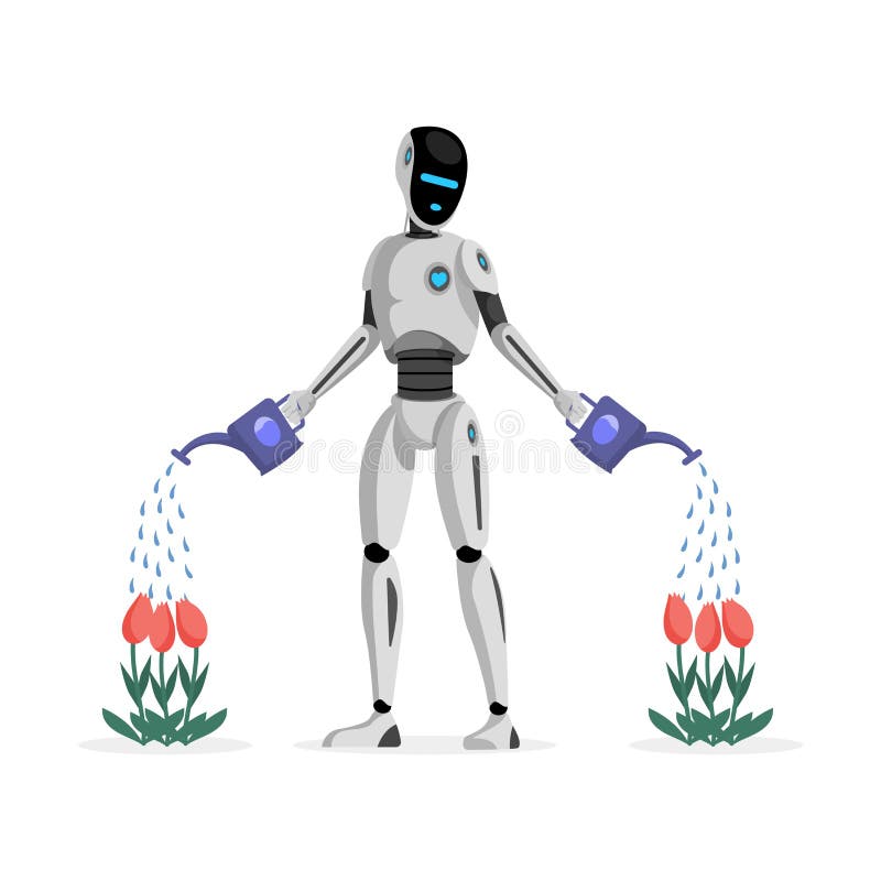 Robot som bevattnar den plana vektorillustrationen för blommor Den mekaniska trädgårdsmästaren som är futuristisk arbeta i trädgå vektor illustrationer Robot som bevattnar den plana vektorillustrationen för blommor Den mekaniska trädgårdsmästaren som är futuristisk arbeta i trädgå vektor illustrationer
