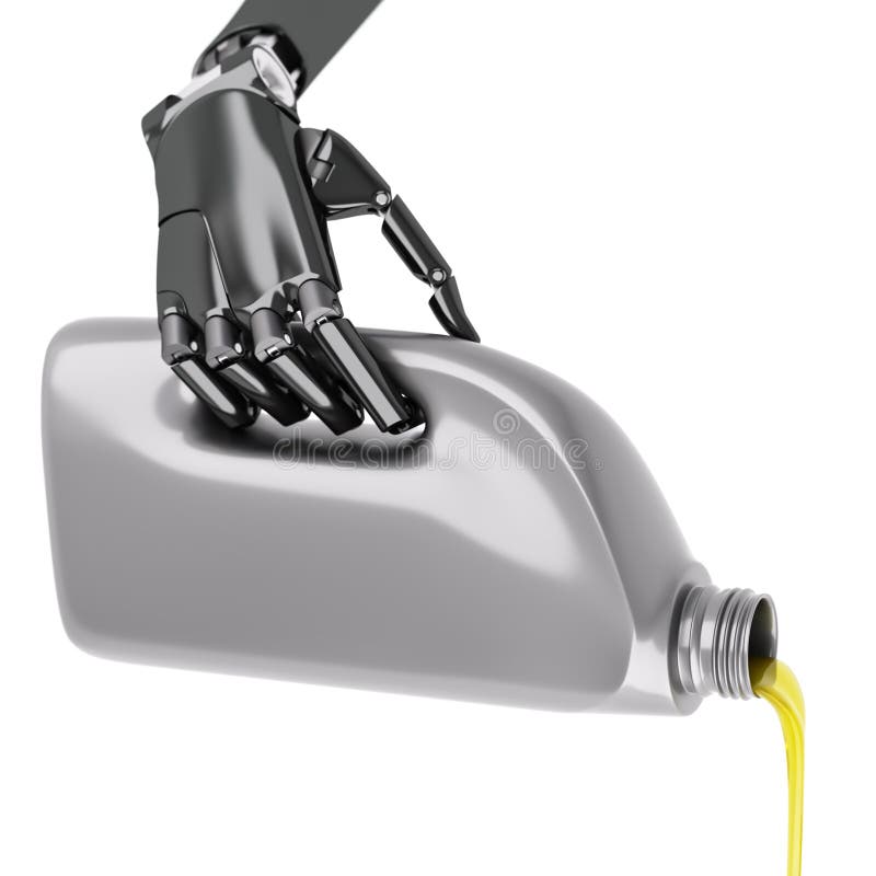Robot som häller motorisk olja som isoleras på den vita illustrationen 3d arkivbild