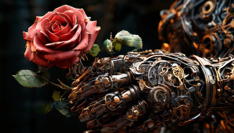 Robot som håller en känslig röd ros i kontrast. En förslutning av en mekanisk hand tillverkad av smalväxlar och delar som varsamt håller en vibrerande röd ros. Kontrasten mellan den kalla metallhanden och den mjuka organiska blomman utgör en blandning av natur och teknik. ai generation-ai genererad