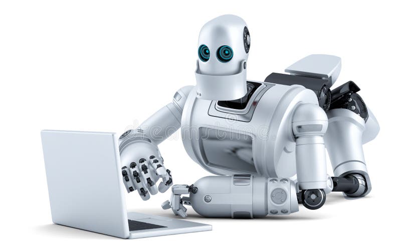 Robot som lägger på golv med bärbara datorn isolerat Innehåller den snabba banan vektor illustrationer Robot som lägger på golv med bärbara datorn isolerat Innehåller den snabba banan vektor illustrationer