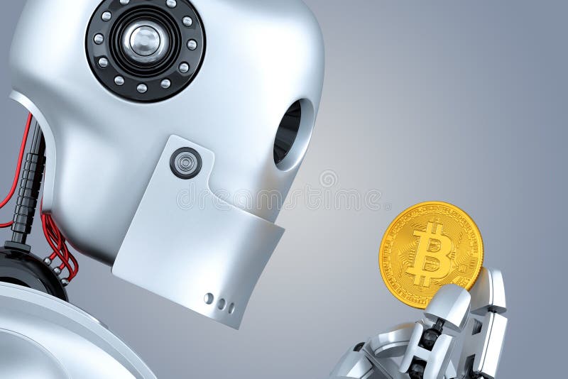 Robot som ser bitcoinmyntet i hans händer illustration 3d lura vektor illustrationer
