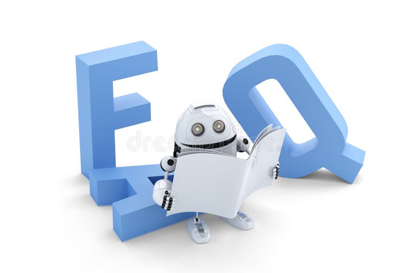 Robot som sitter på 3d-faq-tecken. isolerad över vit bakgrund arkivfoto