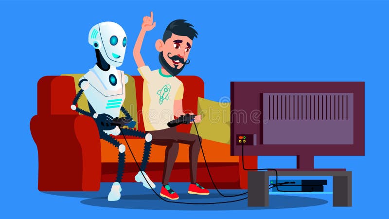 Robot som spelar videospelet med vänvektorn isolerad knapphandillustration skjuta s-startkvinnan vektor illustrationer Robot som spelar videospelet med vänvektorn isolerad knapphandillustration skjuta s-startkvinnan vektor illustrationer