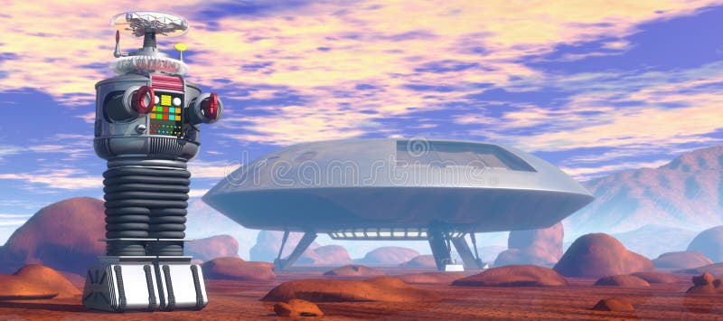 Robot and spaceship vector illustration