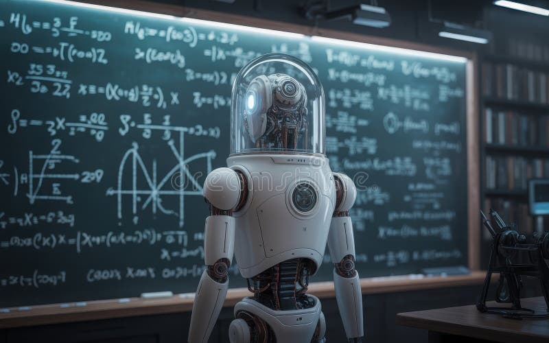 Robot solving mathematical equations isolated on transparent background royalty free illustration