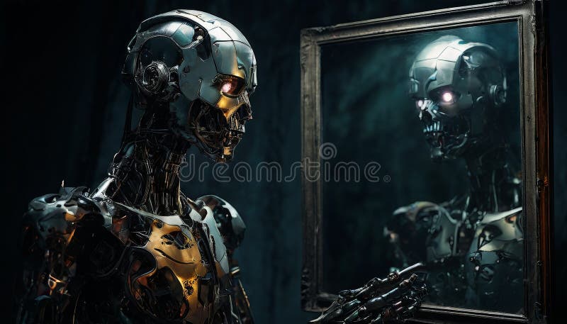 Robot examining reflection in mirror, AI self-awareness concept stock images