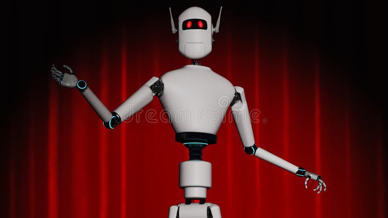 A robot stands on a stage with a red curtain vector illustration
