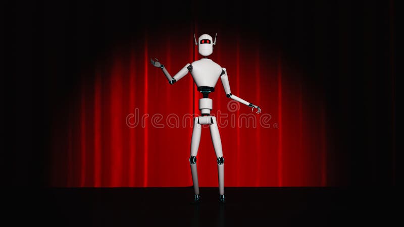 A robot stands on a stage with a red curtain stock illustration