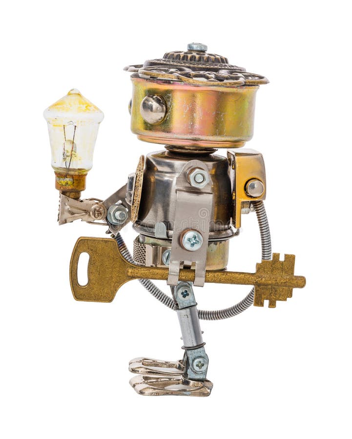 Steampunk robot hold bulb and key. Cyberpunk style. Chrome and bronze parts. Isolated on white. Steampunk robot hold bulb and key. Cyberpunk style. Chrome and bronze parts. Isolated on white