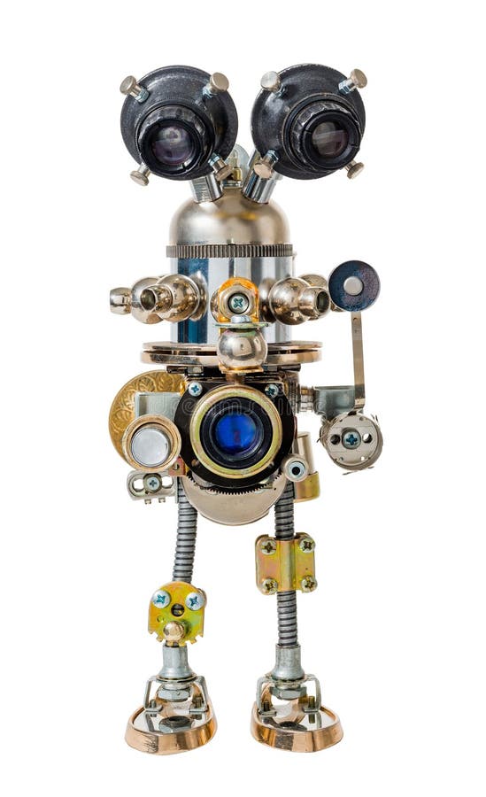 Steampunk robot with eyes made of lenses. Cyberpunk style. Chrome and bronze parts. Isolated on white. Steampunk robot with eyes made of lenses. Cyberpunk style. Chrome and bronze parts. Isolated on white