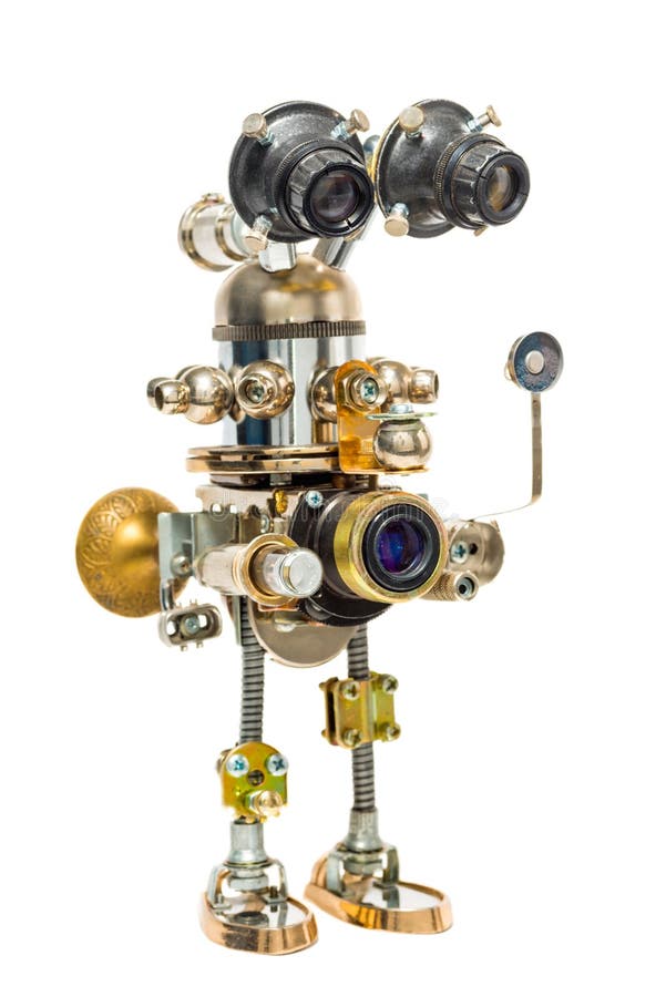 Steampunk robot with eyes made of lenses. Cyberpunk style. Chrome and bronze parts. Isolated on white. Steampunk robot with eyes made of lenses. Cyberpunk style. Chrome and bronze parts. Isolated on white