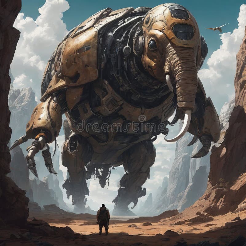 Robot stojący na pustyni z ogromnym robotem cudzoziemców stojącym na pustyni z ogromnym obcym 3d cg renderowanym royalty ilustracja
