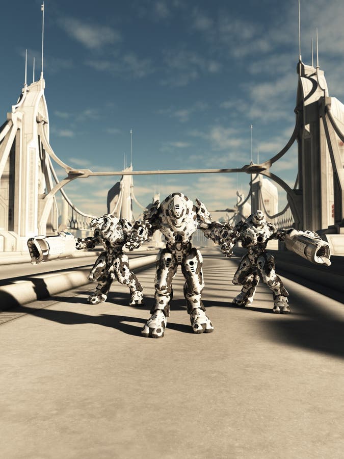 Science fiction illustration of a group of alien battle robots defending a bridge, 3d digitally rendered illustration. Science fiction illustration of a group of alien battle robots defending a bridge, 3d digitally rendered illustration