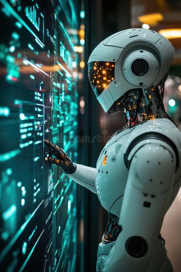 A robot is touching a computer screen with a green background royalty free stock images