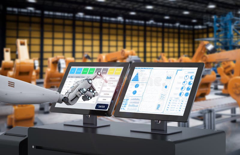 Robot travaillant à l'écran de moniteur image stock Robot travaillant à l'écran de moniteur image stock