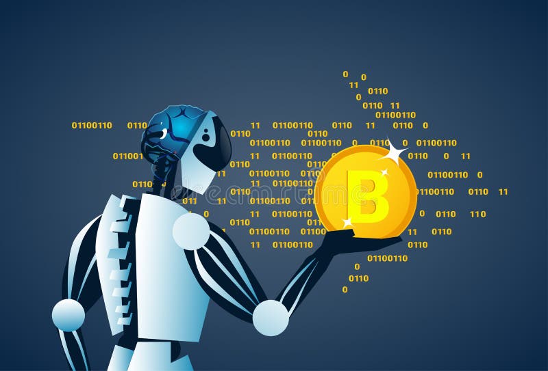 Robot Trzyma Bitcoin waluty sztandaru Cyfrowego sieci pieniądze Crypto pojęcie royalty ilustracja