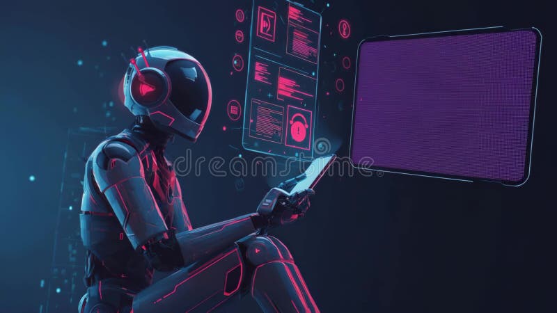 Robot umanoide futuristico che analizza i dati digitali sul tablet illustrazione di stock