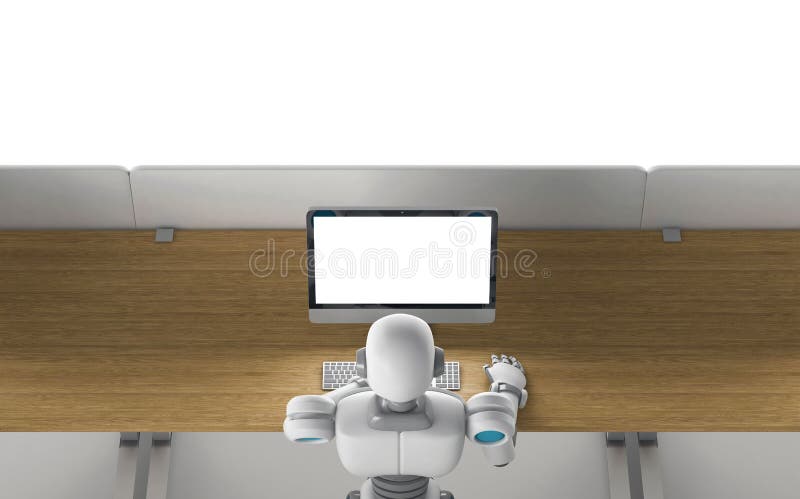Robot using a computer with blank screen, mock up, top view. royalty free illustration