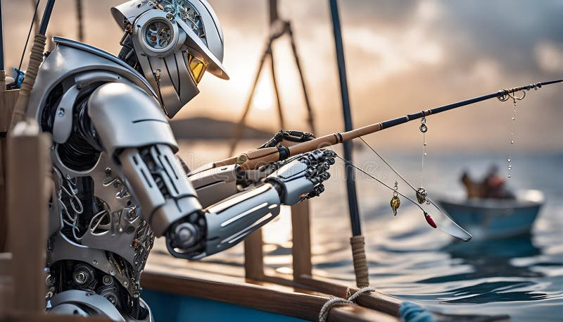 The Robot is Using a Fishing Rod from the Boat Stock Illustration
