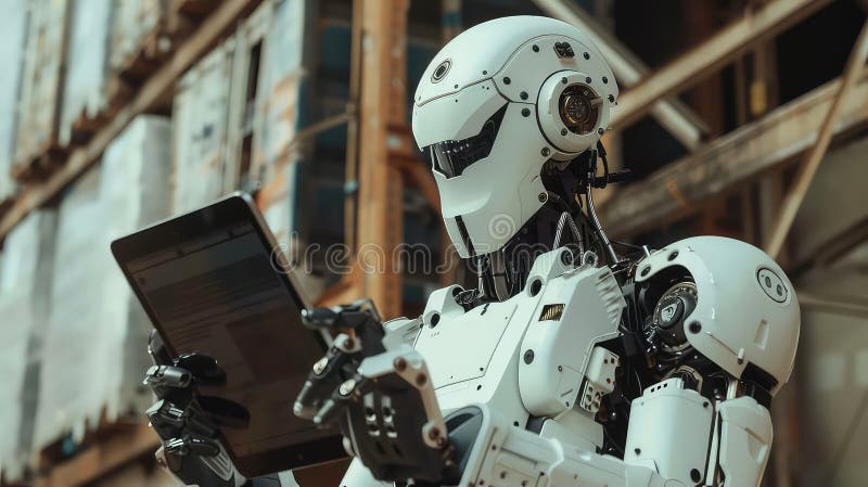 Robot Using Tablet in Industrial Warehouse Setting generated with AI stock illustration
