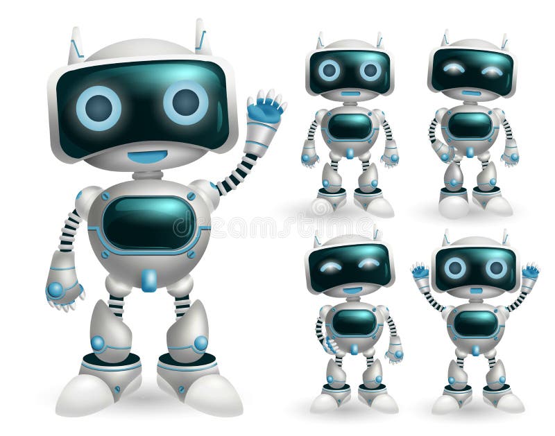 Robot vector character set. Robotic characters in standing pose and gestures in modern design for toy robots game cartoon.