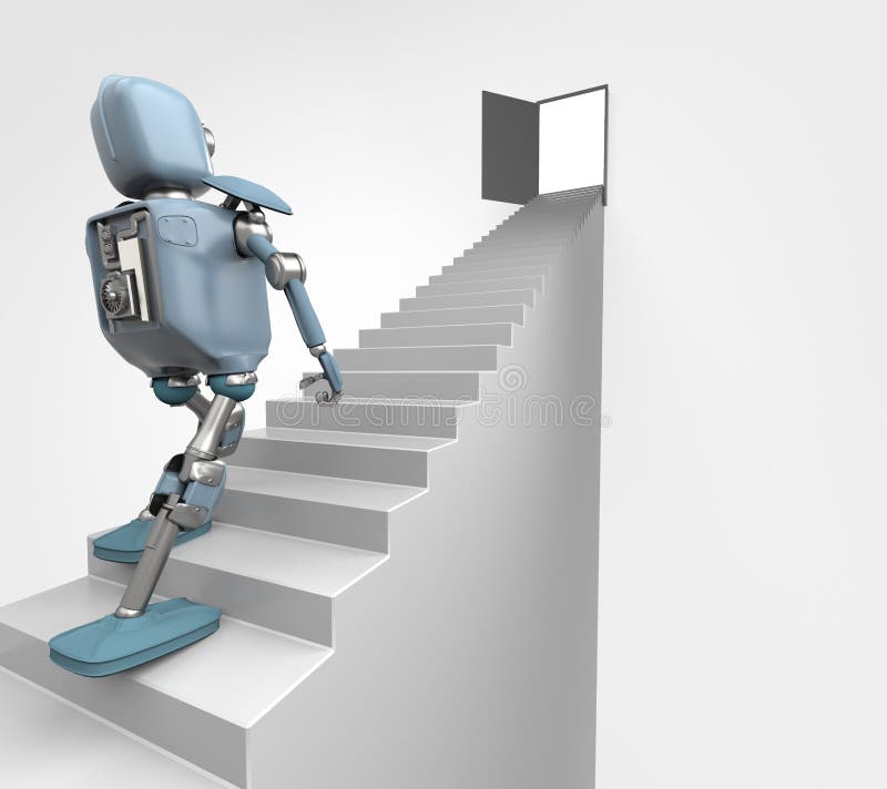 Robot walks on the stair, on the white bacground,3d render