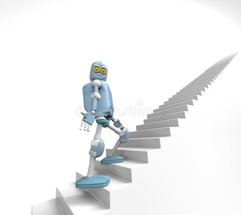 Robot walks on the stair, on the white bacground,3d render