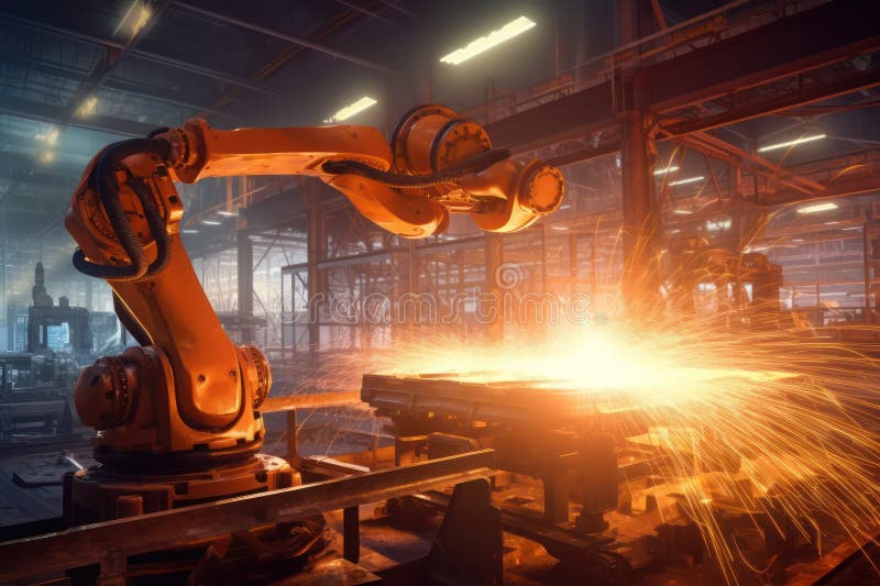 Robot welder working in the workshop with vector illustration.