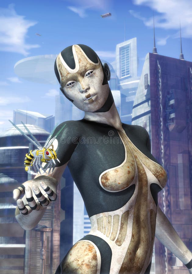 Robot woman and futuristic city stock illustration Robot woman and futuristic city stock illustration