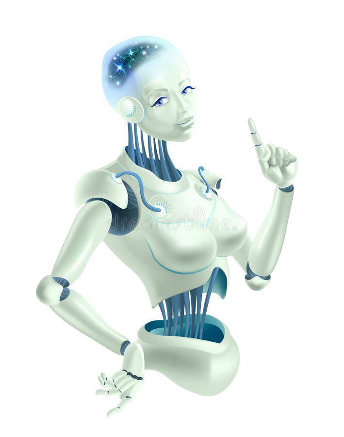 A robot woman holding an index finger up