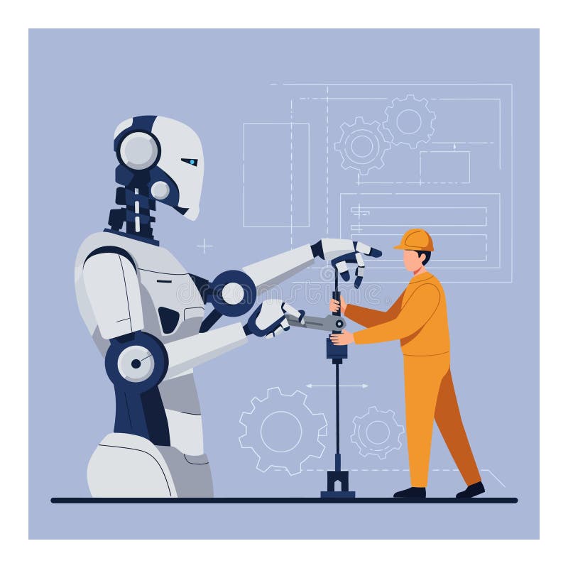 Robot and Worker Collaborating on Industrial Machine Innovation in Modern Technology Vector Illustration stock illustration