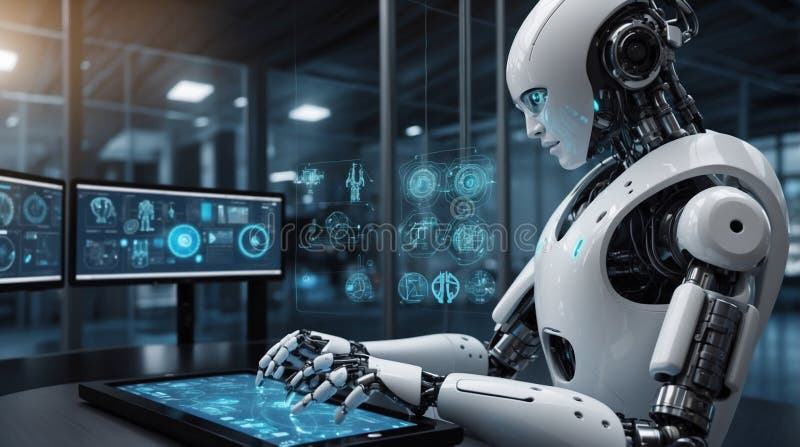 Angajați roboți sub formă de roboți în viitor pentru a ajuta oamenii să proceseze datele. imagine generată de AI royalty free illustration