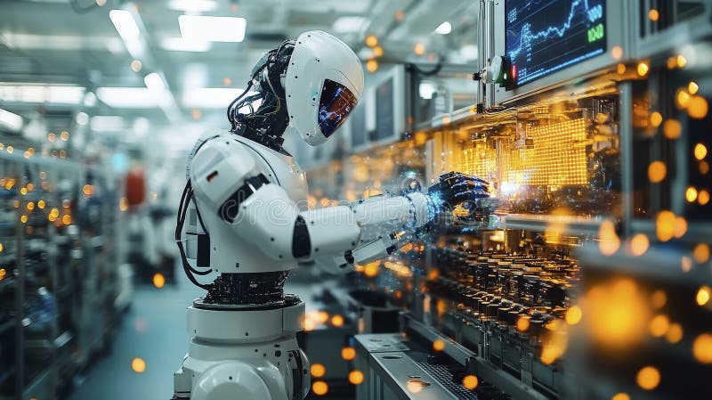 Robot working on advanced factory assembly line tasks royalty free illustration