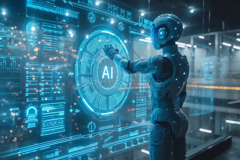 Robot working with artificial intelligence, royalty free illustration.