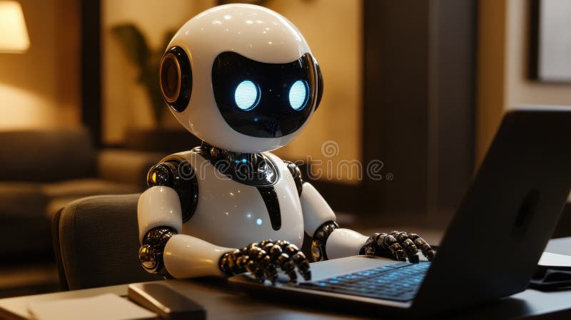 Robot working at a computer in a modern workspace with bright lights during the day stock photos
