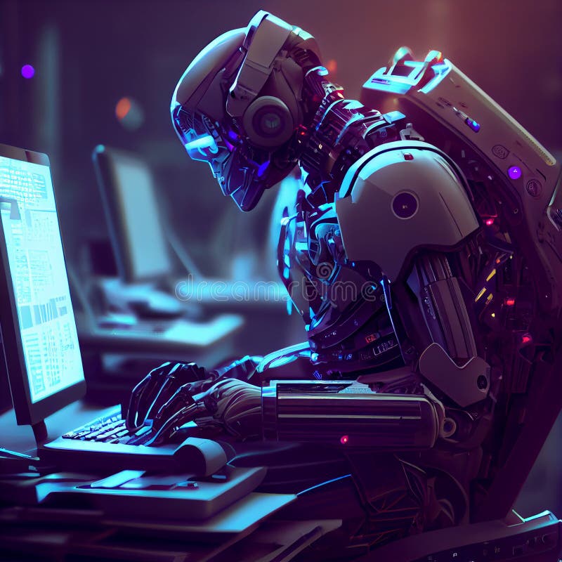 Robot working in a office with a computer. Generative Ai