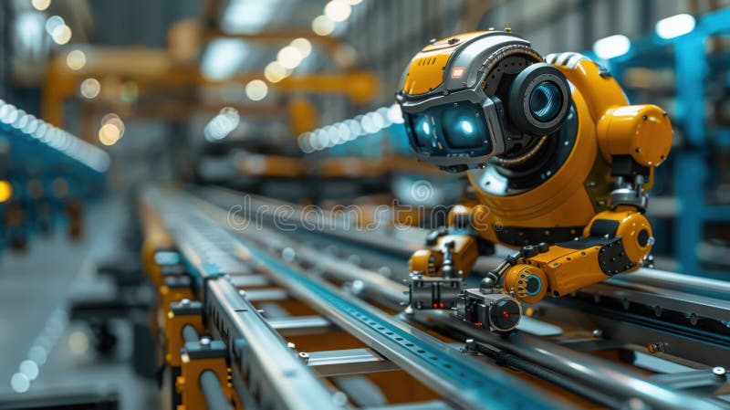 The robot is working on a production line. Production line with robotic arms stock photo