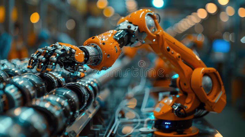 The robot is working on a production line. Production line with robotic arms stock image