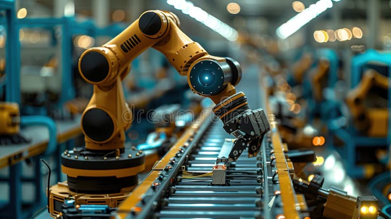 The robot is working on a production line. Production line with robotic arms stock photos