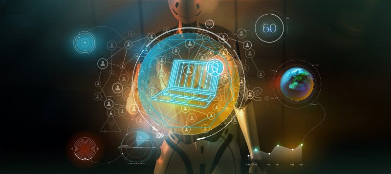 The Computer Analyzes an Array of Social Media Data. 3D Render Stock