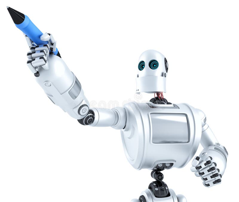 Robot writing on invisible screen. Closeup portrait. Isolated. Contains clipping path stock illustration
