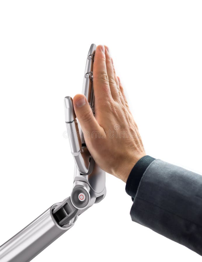Robot y ser humano que dan altos cinco Ejemplo de la tecnología de inteligencia artificial 3d fotos de archivo