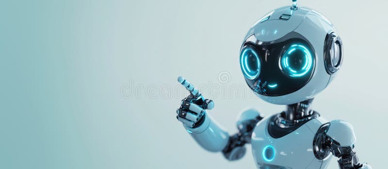 Robot z błyszczącymi oczami i wskazującym palcem futurystyczny wygląd. wygenerowane przez ai