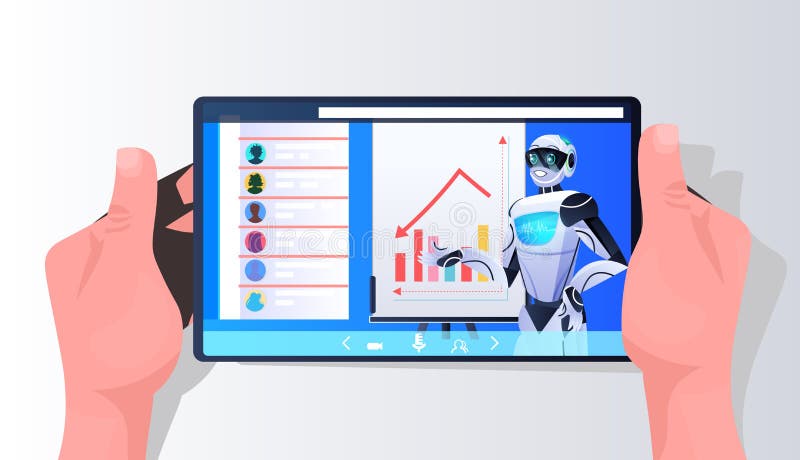 Robota analizującego dane statystyczne na ekranie smartphone koncepcja technologii sztucznej inteligencji ilustracji