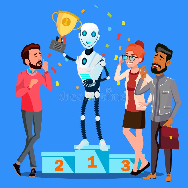 Robota zwycięzcy stojaki Na Pierwszy miejscu podium Wśród ludzi Wektorowych button ręce s push odizolowana początku ilustracyjna ilustracja wektor Robota zwycięzcy stojaki Na Pierwszy miejscu podium Wśród ludzi Wektorowych button ręce s push odizolowana początku ilustracyjna ilustracja wektor