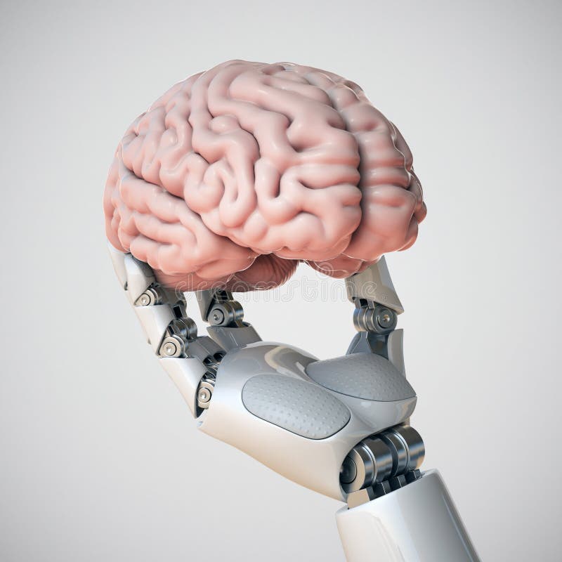 Robotar som håller människans hjärna arkivfoto
