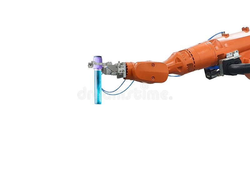Robotarm som håller ett medicinskt provrör på vit bakgrund royaltyfri bild