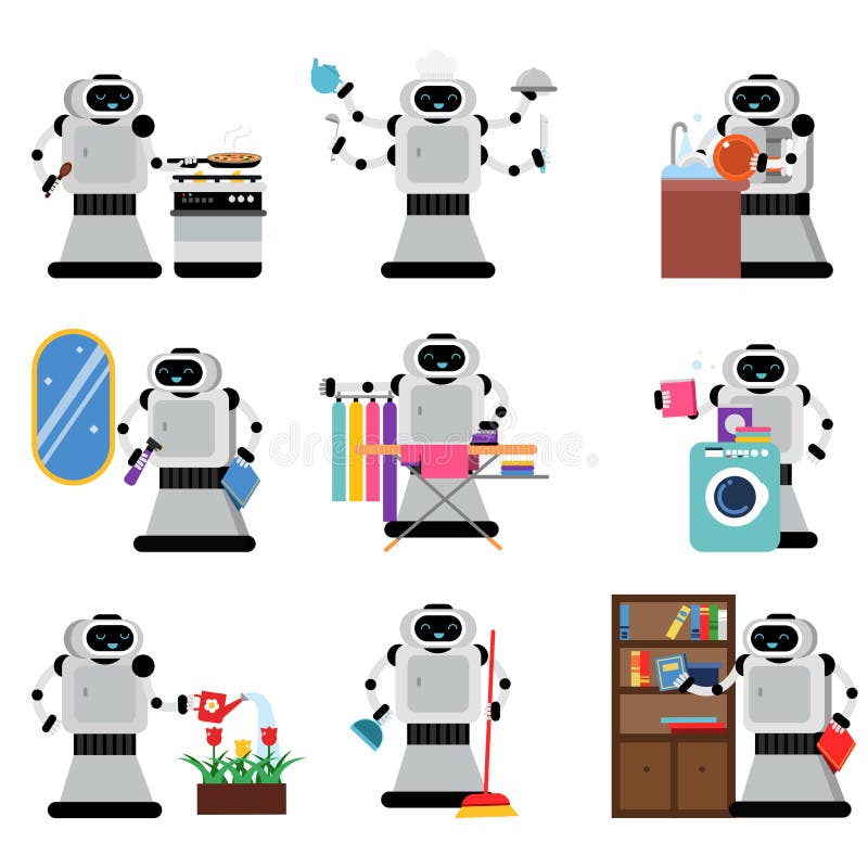 Robotassistenter som hjälper folk i hushållsarbetearbetsuppgifter, ställde in, illustrationer för konstgjord intelligens vektor illustrationer Robotassistenter som hjälper folk i hushållsarbetearbetsuppgifter, ställde in, illustrationer för konstgjord intelligens vektor illustrationer