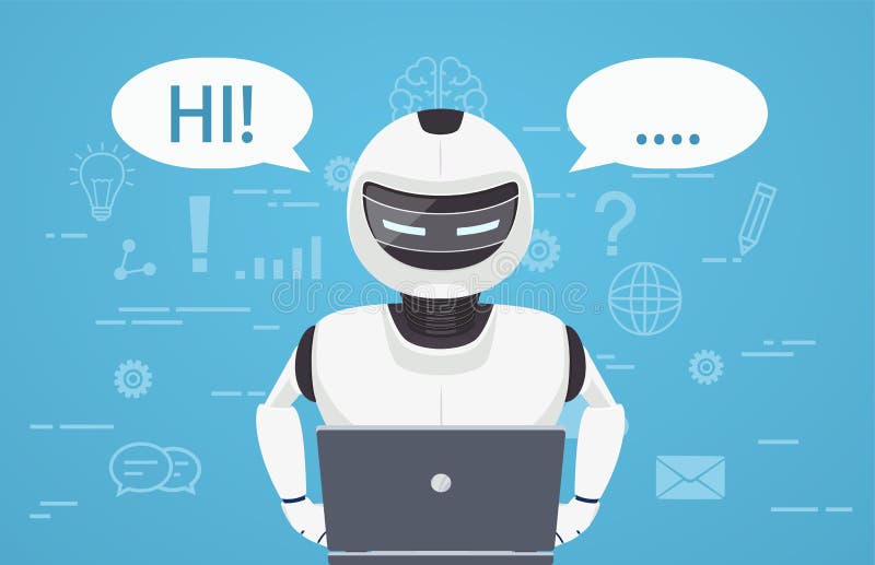 Roboten använder bärbar datordatoren Begrepp av pratstundbot, en faktisk online-assistent vektor illustrationer