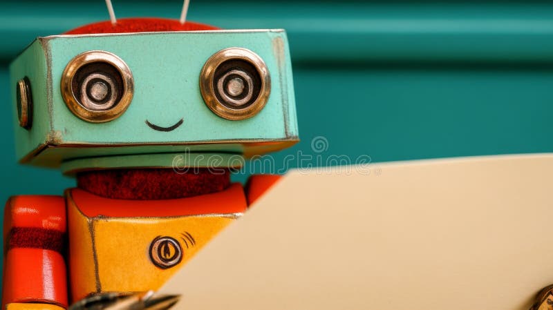 Roboten skriver svar med en penna på papper arkivbild